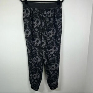 Floral Joggers Black Gray Pull On Casual Lightweight Elastic Waist Womens Medium